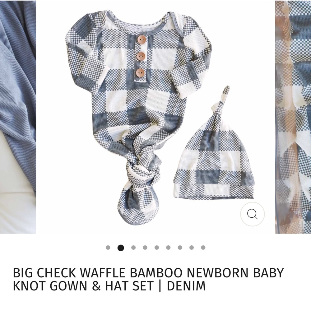 Caden Lane Big Check Waffle Bamboo Newborn Baby Knot Gown & Hat Set | Denim